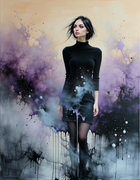 Oil painting rendered in ethereal pastels. 
Subject: A brunette woman, with alabaster skin, wearing a black jumper 
Palette: crushed lavender blush, powdered sugar highlights, inky voids. 
Diffused studio light fractures through airborne ink droplets — innocence laced with liquid chaos.