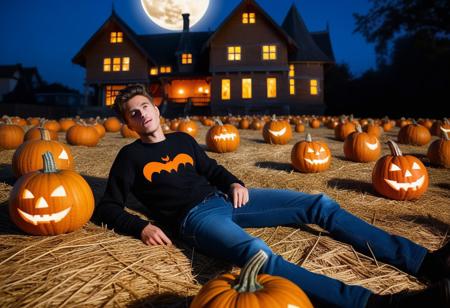 Pretty man lying on a ground covered in straw, surrounded by lots of illuminated halloween pumpkins. The man dressed in jeans and sweater. he is covered in cobwebs. Background with a haunted house and bats flying around the moon illuminating them.