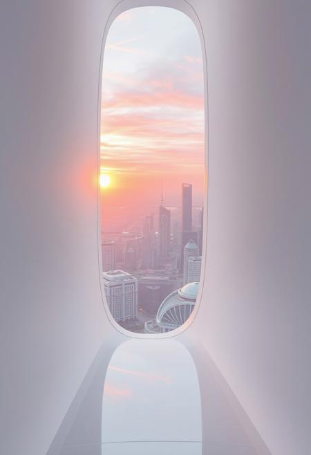 A fleeting sunrise seen through a narrow, frosted slit in the glossy, stark-white composite wall of an ultra-futuristic, dystopian megatower. For a single second, the sun’s radiant, pearlescent-orange rays stream in, casting an otherworldly glow across the pristine, all-white interior filled with pulsating quantum displays, sleek levitating panels, and softly whirring tech nodes. Beyond the slit, a sprawling, hyper-advanced cityscape stretches out with shimmering, translucent skyscrapers and glowing energy grids silhouetted against a sky streaked with iridescent pink and lavender hues. The brief sunlight reflects off the polished white surfaces inside, amplifying the contrast between the sterile, high-tech environment and the ephemeral beauty of the sunrise, before shadows return.