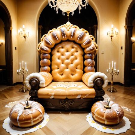 a throne room sculpted from oversized buns, throne armrests shaped like braided challah, floor made from compressed sweet bread crumbs, chandeliers dripping with honey glaze, scent of warm dough filling the golden-lit space, Buns