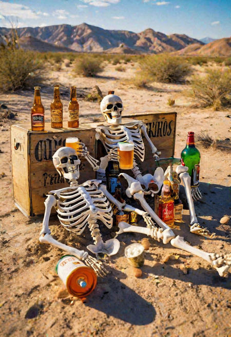two skeleton's drinking liquor , sitting on  ground, a crashed coffine's into the ground, croses ,desert,smokes,fire, liquor bottle ,empty beer glasses, chips packets