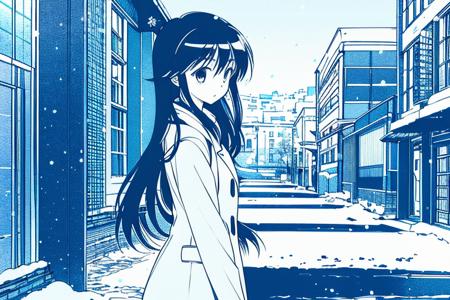 1girl,monochrome, solo,long hair, white coat, long coat, street, city, winter, snowing, hands in pockets,  <lora:Pia_rough:1>, masterpiece, best quality,