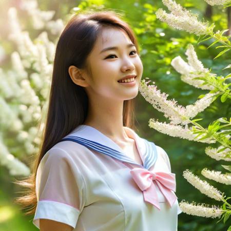 20-year-old Beautiful Chinese girl in sheer white  lightpink  mini-sailor-uniform  ,Slightly tousled long hair, fullbody,smile,youthful radiance
Elegant side profile, poised yet lively gestures
On forest path, admiring wildflowers in bloom
Surrounded by verdant trees, birdsong, dappled sunlight,Color palette: fresh greens, soft blues, pinks, pale yellows,Gongbi realism or xieyi atmosphere
Capture vibrant spring vigor and adolescent spirit
