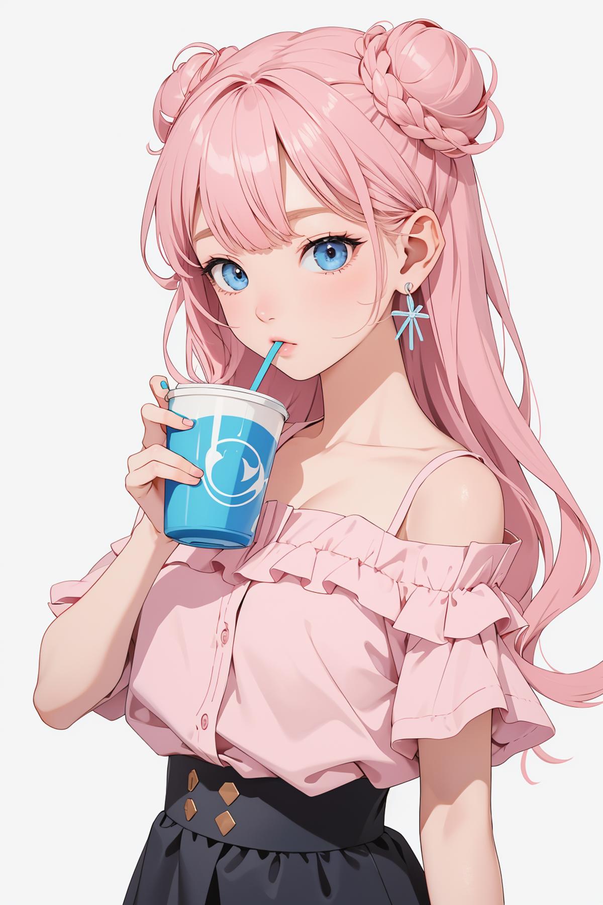 A cartoon image of a pink-haired girl with a blue cup.