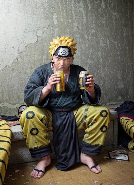 score_9, score_8_up, score_7_up, score_6_up,  score_4_up, (very fat:1.6), (naruto character:1.2), (drunk, drinking beer,  sad, tired, angry:1.2), Sitting on the couch,  (Naruto Uzumaki's clothes:1.6), (An abandoned room with scuffed walls:1.4),  ultrarealistic, realistic lighting,  sharp focus,     <lora:more_details:0.3>