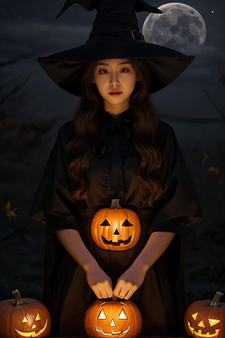 1girl, solo, wearing a witch outfit with white long hair, hallowen theme background with gloomy pumpkin glowing in the dark and full moon, mature body, upper body, wearing witch hat,