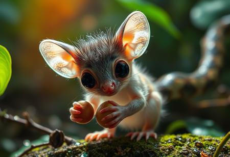 furry little translucent mammal in a rain forest zoomed in, rainbow of light reflection off dew, green and vivid colors, wild fog, large eyes, transparent body, invisible like a jelly fish, huge ears, cute, adorable, eating a nut, fungal hair, see through, wings, amazing atmosphere, snake in background