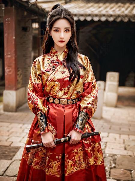 1girl,red fabric, golden embroidery, black belt with golden embroidery, white collar,  wearing the feiyu_clothes, standing, black bracer with golden embroidery,(RAW photo, best quality), (realistic, photo-realistic:1.4), masterpiece, an extremely delicate and beautiful, extremely detailed, 2k wallpaper, Amazing, finely detail, extremely detailed CG unity 8k wallpaper, ultra-detailed, highres, soft light, beautiful detailed girl, extremely detailed eyes and face, beautiful detailed nose, beautiful detailed eyes,cinematic lighting,city lights at night,perfect anatomy,slender body,smiling <lora:FYF_v123:0.9>  <lora:Liyitong_v11:0.6>