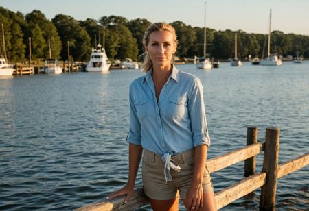 Maryland – Chesapeake Bay Breeze
A highly detailed, photo-realistic 8K editorial portrait of a 40-year-old woman with sleek blonde hair tied back, striking blue eyes, and subtle age lines. She’s wearing a light denim shirt, sleeves rolled, and khaki shorts. Standing near the wooden docks of Chesapeake Bay, with calm waters, boats in the background, and golden-hour sunlight reflecting on the water. (realistic portrait photography, natural light, Canon EOS 5D, warm tones, detailed textures, summer setting)photography , editorial photo,  realistic , natural light,  highly detailed