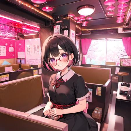 best quality, ultra-detailed, illustration,
pink theme, pinsalo, scenery, couch, indoors,
1girl, japanese girl,  cute, (shy smile), glasses, black dress, short hair, black hair, looking at viewer, 
<lora:pinsalo_SDXL_V1:1>