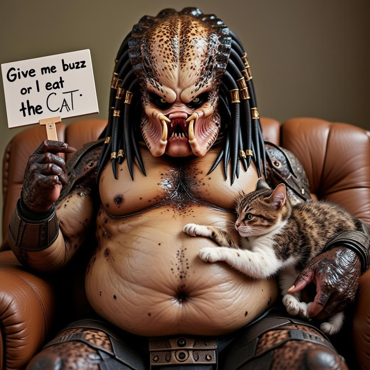 a overweighted predator with a fat stomac is sitting on a couch with a cat on his lap. He holds a sign with the text "Give me buzz or I eat the cat"<lora:PredatorV2:0.8>