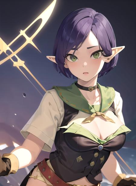 best quality, (masterpiece),(ultra-detailed), (high quality), (high resolution), <lora:violynne:0.7> ,1girl, 2boys, belt, breasts, choker, elf, gloves, green eyes, green sailor collar, instrument, pointy ears, purple hair, school uniform, shirt, short hair, short sleeves, solo, violynne, brown eyes, vest,