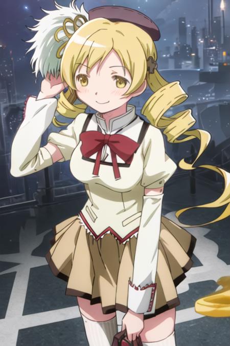 best quality, masterpiece, highres, solo, {tomoe_mami_puellamagimadokamagica:1.15}, blonde_hair, drill_hair, twin_drills, twintails, hair_ornament, yellow_eyes, magical_girl, 1girl, school_uniform, blush, mitakihara_school_uniform, closed_eyes, parody, smile