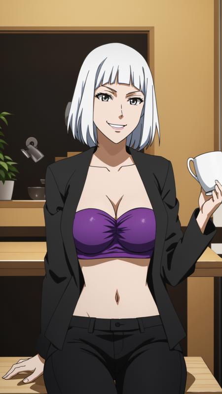 shafen a woman, white hair, silver eyes, purple bra top, midriff, black pants, white shoes,