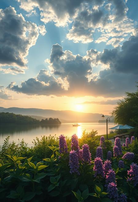 detailed background,( Calm spring night landscape), amongst lush greenery, beautiful view, creeping phlox in full bloom, creeping phlox, early morning, sunrise sky, beautiful clouds, dappled sunlight, outdoor seating, one lamp, Tranquil Lake, Boat on a Lake, depth of field, masterpiece, best quality, ultra-detailed, very aesthetic, illustration, perfect composition, intricate details, absurdres, moody lighting, wisps of light, no humans,
