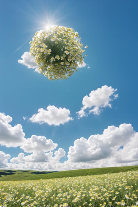 rolling green hills completely covered in blooming camomile flowers, vivid blue sky with scattered clouds above, crisp sunlight casting soft shadows, clean fresh atmosphere, ultra-realistic nature landscape, wide angle cinematic shot, flower textures in full focus