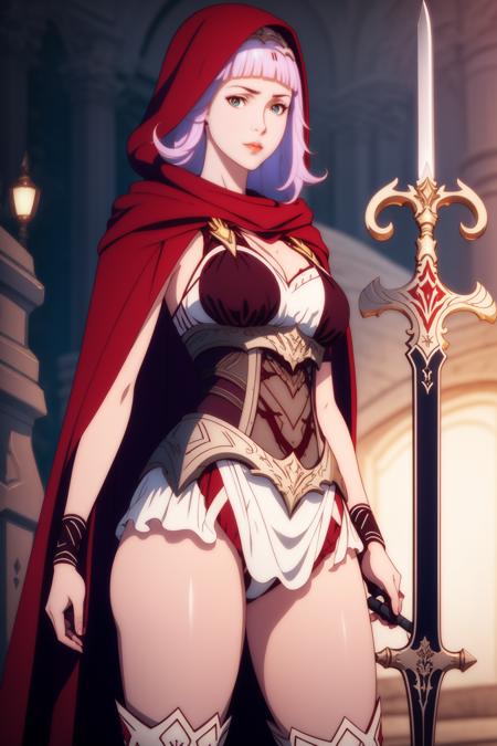 <lora:CREATED_ANIME_ShingekiNoBahamut_Sofiel_v01_dim16:1>sofiel \(shingeki no bahamut\), 1girl, red cloak, holding sword, 64K, f1.2, 800mm, UHD, dynamic lighting