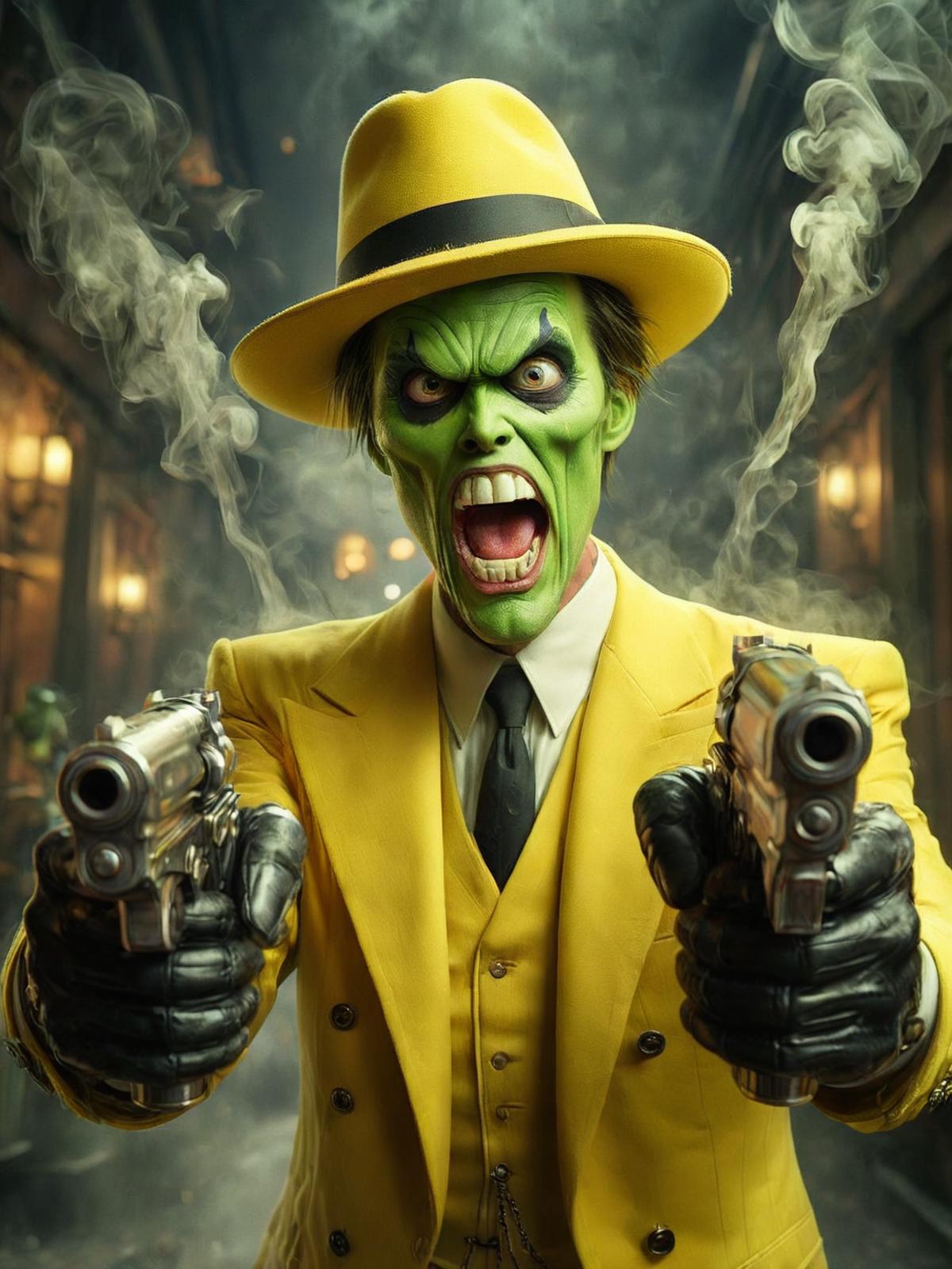 A man in a yellow suit with green makeup and holding two guns.