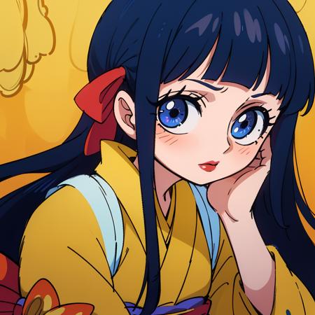 black hair, bangs, long hair, hair ribbon, red ribbon, blue eyes, red lipstick, japanese clothes, kimono, yellow kimono, long sleeves