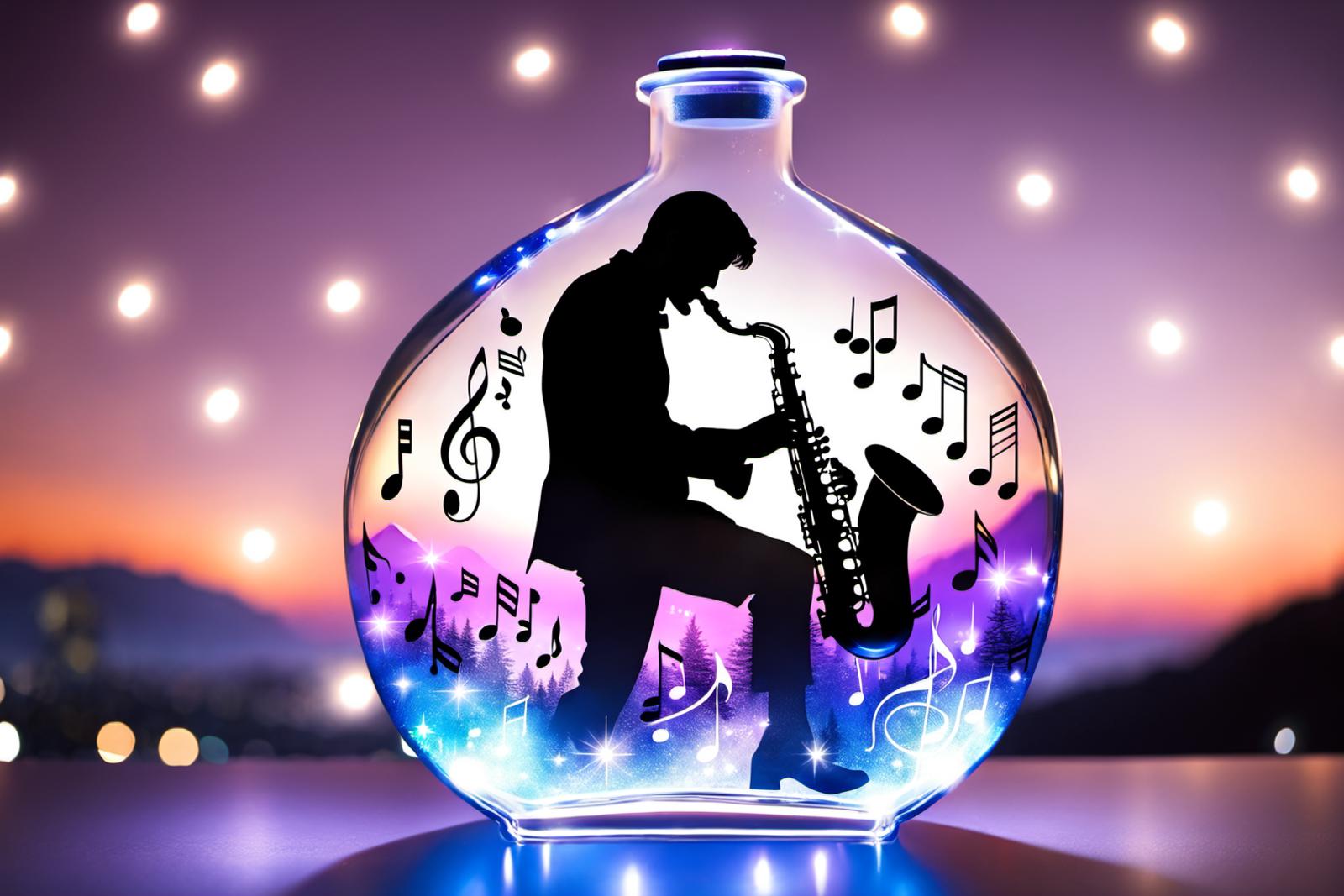 A man playing a saxophone inside a blue glass bottle.