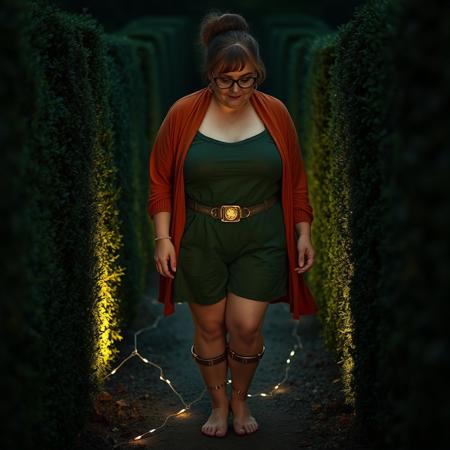 Cinematic masterpiece of a Plus size older Scottish woman glasses light brown curly bun Orange draping cardigan. green linen high cut romper hugs her curvy thick thighs. . Brass Shackles with glowing runes etching on the bands are locked on her ankles. She steps barefoot carefully navigates the hedge maze in the darkness