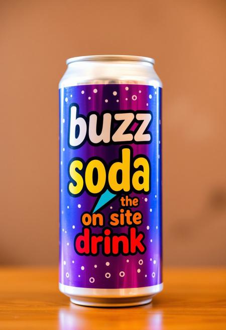 a soda drink can featuring the words: "buzz soda the on site drink" and a cartoon blue lightning bolt