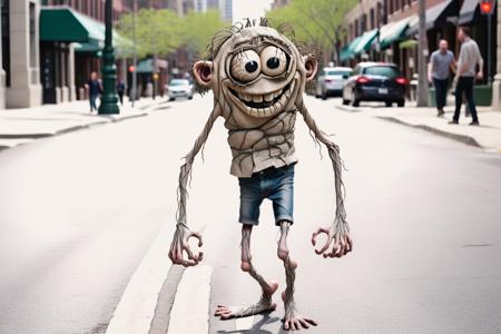 Hyperrealistic (Full body shot) photo Whimsical during in basilwolverton style, grotesque, spaghetti hair, bulging eyes, skin folds, veins, large teeth, bloodshot eyes 1man  smiling walking down a city street looking across the street towards camera <lora:BasilWolvertonComboStyleXL_v1.1:0.8>