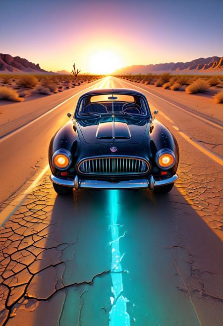 Beneath the golden haze of a setting sun, a vintage sports car roars to life on an abandoned desert highway. Its sleek, aerodynamic body reflects the fiery hues of the sky, while polished chrome details catch every glint of fading light. Captured through a 12mm fisheye lens, the car’s curves are exaggerated, its wide front grille and bulging fenders giving it an almost otherworldly presence. Dust kicks up in spirals as it accelerates, leaving behind echoes of a bygone era when speed and style reigned supreme.