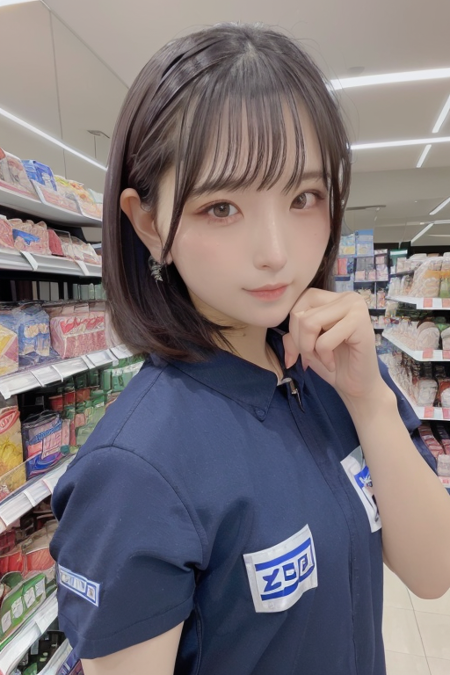 1girl wearing lawson uniform, in a blue and white uniform, in a convenience store,(RAW photo, best quality), (realistic, photo-realistic:1.4), masterpiece, an extremely delicate and beautiful, extremely detailed, 2k wallpaper, Amazing, finely detail, extremely detailed CG unity 8k wallpaper, ultra-detailed, highres, soft light, beautiful detailed girl, extremely detailed eyes and face, beautiful detailed nose, beautiful detailed eyes,perfect anatomy,soft light,slender body,standing,