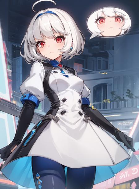 1girl,white hair, red eyes, short hair, white and blue dress, long sleeves, puffy sleeves, gloves, semi realistic, blue leggings,