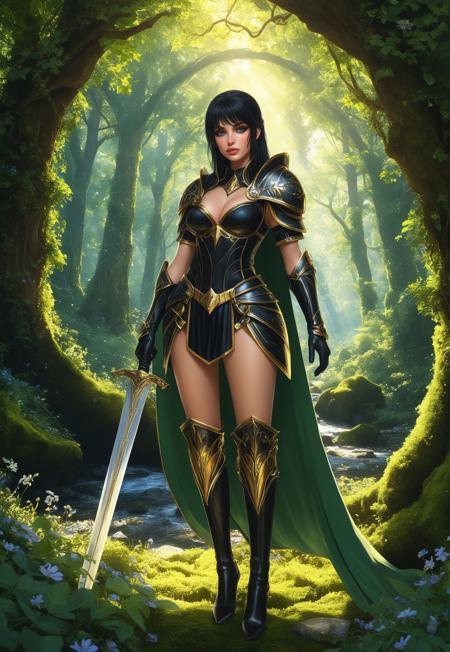 safe_pos, score_7_up, 1girl, beautiful, black hair, long hair, bangs, fair skin, big natural breasts, lips parted, black armor, full armor, gold details, sword, forest, dappled sunlight, full body, looking at viewer, high heels, white cape, Expressiveh, beautiful face, black lipstick, gold eye shadow, beautiful eyes, gold jewelry
Background: A lush, enchanted forest with towering ancient trees and vibrant foliage. Dappled sunlight filters through the canopy, casting soft, golden rays. The forest floor is covered in a carpet of moss and wildflowers. A crystal-clear stream flows nearby, reflecting the sunlight. In the distance, a mystical stone archway, overgrown with ivy, adds a touch of magic. The air is filled with the scent of blooming flowers and the soft hum of nature. (upper body:1.75)
 (8k uhd:1,4)
 <lora:add-detail-xl:1>
 <lora:Dynamic Poses:1>
((((full-clothed)))),
score_9, score_8_up, score_7_up, score_6_up, rating_explicit, Expressiveh,
<lora:DandonFuga_Style_v.2_-_Pony:0.8>
<lora:Expressive_H:0.4>,<lora:EnvyPonySoftBeauty01:0.4>, <lora:detailed_notrigger:2>