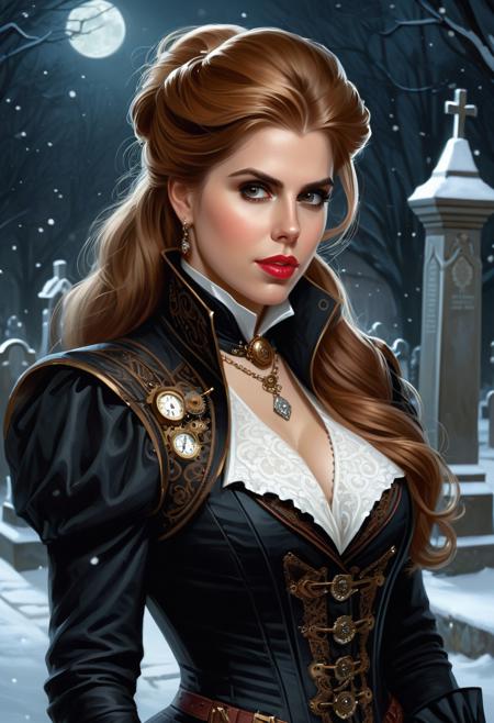 Princess Beatrice, steampunk vampire hunter, in a Snow Covered Victorian Graveyard, at night, character portrait, 5 9 9 0 s, her hair cascades down her shoulders. The intricate details of her steampunk-inspired attire highlights her large, impressive bosom and blend seamlessly with the surroundings. Her eyes seem to gleam with a ruthless intelligence, and her lips often curl into a sly smirk, intricate, elegant, highly detailed, digital painting, artstation, concept art, smooth, sharp focus, illustration, art by wlop, charlie bowater and alexandra fomina.