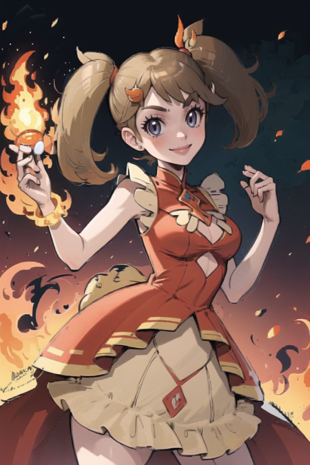 masterpiece, best quality, <lora:MayORASLora:0.7>, may \(pokemon\), smile, 1girl, solo, orange dress, fire hair ornament, twintails, sleeveless,