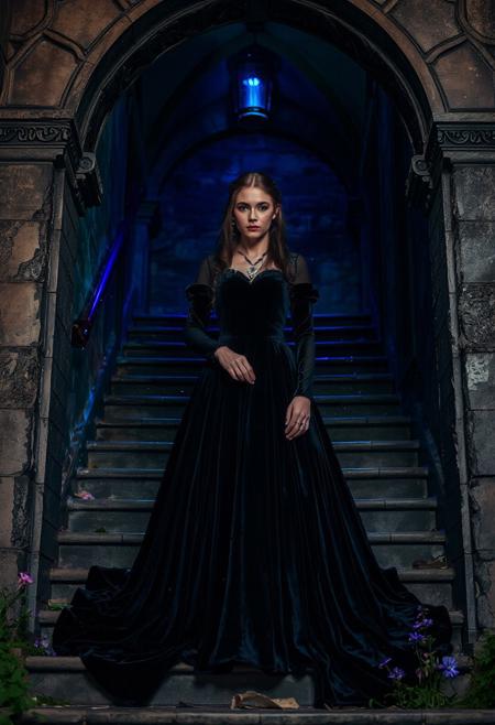 Victorian gothic, portrait, woman, dark velvet gown, stone staircase, arched entryway, blue lighting, green lighting, dust motes, wildflowers, ornate stonework, distressed textures, melancholy, forgotten grandeur, ethereal beauty.