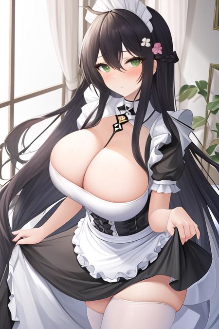 masterpiece, best quality, highres, solo, {indomitable_azurlane:1.10}, long_hair, breasts, black_hair, very_long_hair, large_breasts, green_eyes, bangs, hair_between_eyes, blush, maid_headdress, cleavage, huge_breasts, hair_ornament, maid, hair_flower