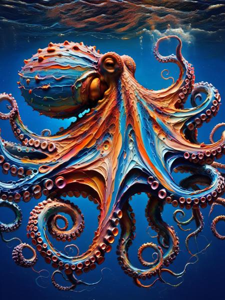 An octopus covered with ais-acrylicz, near the bottom of the ocean <lora:Acrylic_Paint_Style_SDXL:1>