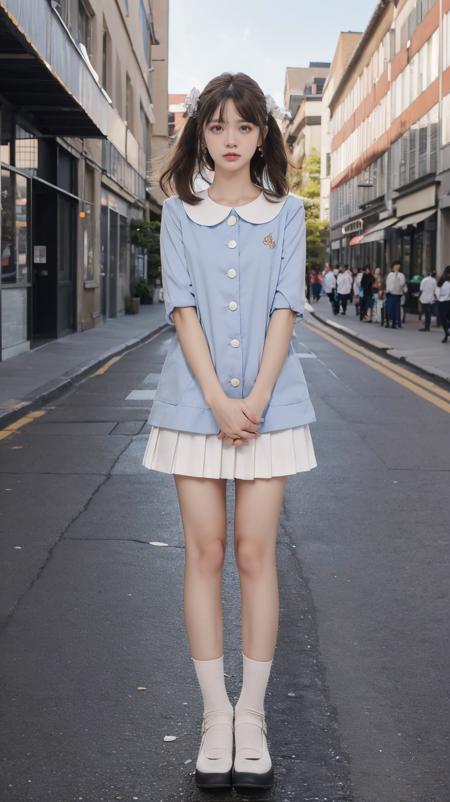 white skirt,kindergarten uniform,blue shirt,