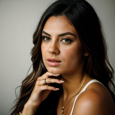 Realistic photo of a beautiful m1l4k-v2 woman,  1girl, solo, long hair, looking at viewer, simple background, shirt, black hair, brown eyes, jewelry, closed mouth, upper body, nail polish, lips, fingernails, ring, own hands together, black nails, realistic, nose, soft lighting, professional Photography, Photorealistic, detailed, RAW, analog, sharp focus, 8k, HD, DSLR, high quality, Fujifilm XT3, film grain, masterpiece<lora:m1l4k-v2:1.0>