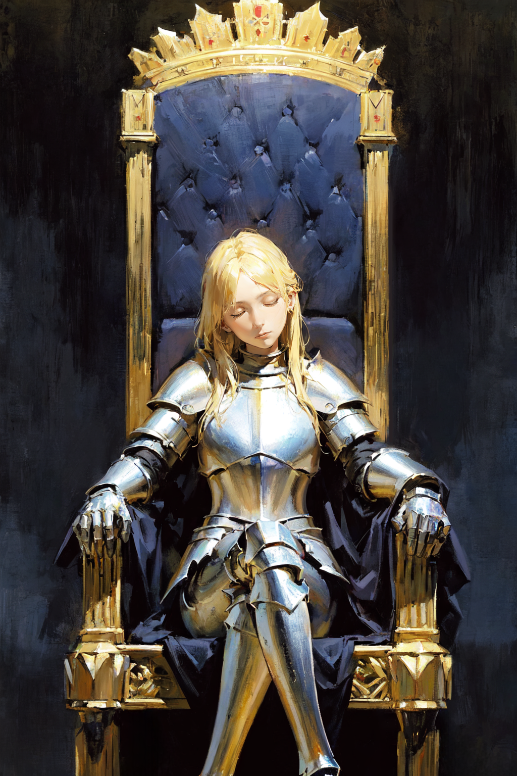 masterpiece, best quality, mature, blonde female knight, sitting on a big throne, closed eyes, bloodied, armor, depressed,...