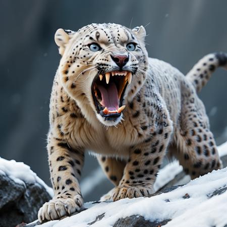 
highly detailed documentary photo of a (snow loepard):1.0 ready to attack in a snowy mountain pass,

snow leopard, open mouth, fangs, 

depth of field:1.2, blurry, blurry background,
realistic:1.1,

photorealistic,
32k, best quality, 
shadow play:1.1,
light and dark,




