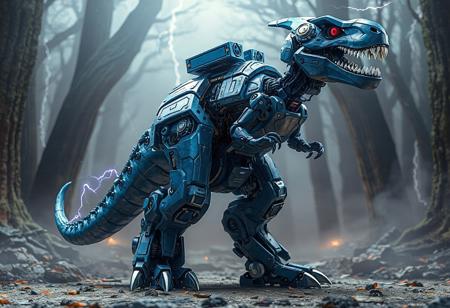 A epic detailed,full body, dynamic render of an epic cyber T-Rex robot standing out against a Labyrinth of Kline background. Featured on Amiami, this rugged ranger variant boasts a glamorous profile pose, with one side disassembled to showcase intricate inner workings. The robot's vibrant blue-indigo color palette, accented with thunder and lightning motifs, creates a captivating contrast against the matte painting backdrop. Opt for a 4K, high-resolution, exceptionally detailed image with vivid emotions, sharp lines, and harmonious colors. Utilize advanced rendering techniques like Octane, Unreal Engine 5, and Houdini to emphasize the robot's lifelike features and textures. Ideal for CGSociety, ArtStation trending, or a stunning avatar image.