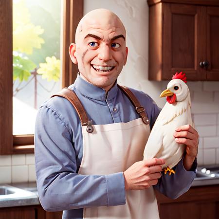 ((wearing an apron in the kitchen, holding a chicken, evil grin)), full body, explosions<lora:DrEvilLoRA:0.8>drevil bald with scar on his right cheek, grey coat, high detail skin, high detail eyes, high detail hair, highres, ultra detailed, detailed pores, imperfect skin, detailed reflective shiny skin, diffused skin pores,sharpen picture, Highly detailed, masterpiece, best quality, photorealistic, clean shaven