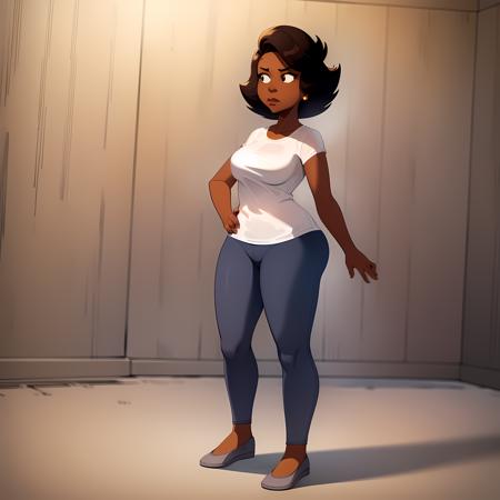 ((masterpiece, best quality)),(complex lighting) , solo ,1girl, full body, donna tubs,  dark skin,  <lora:DonnaTubbs1-10:0.8>,short hair, white shirt,pants,