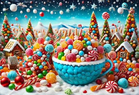 bright colorful festive winter Christmas  cosmos landscape made of soft marshmallows, marmalade, lollipops, candies,  white confectionery glaze, sugar and other delicious sweets, polar night (CHRC4ND7)