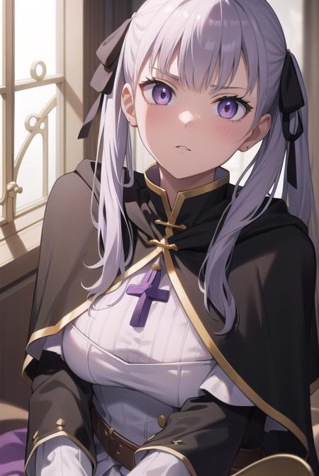 noelle silva, hair ribbon, long hair, (purple eyes:1.1), silver hair, twintails, dress, white dress, capelet, skirt, purple skirt, (black capelet:1.5), armor, bare shoulders, bridgeless bra, choker, collarbone, detached sleeves, (mermaid:1.5), monster girl, navel, scales, short sleeves, tiara,