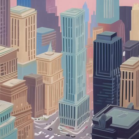 hanna barbera, trees, city, skyscrapers, highway, road, cars, <lora:civilization:1>