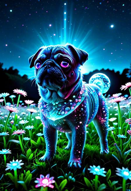 Night scene, night vision aesthetic, crystalz, a cute crystal pug, pink and blue bioluminescent glow, from below, in a field full of glass daisies, sparkling in moonlight, cinematic, cinematic lighting, (masterpiece, best quality:1.4), ultra-high res, 4k, Photorealistic, insanely detailed, sfw