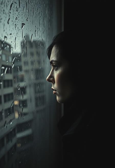 A portrait of a person gazing out a rain-streaked window, surreal realism, high-contrast monochrome, gritty textures, psychological ambiguity, muted color with grayscale accents, ambiguous narratives, urban isolation, fragmented composition, painterly figures, harsh lighting, shadow-drenched environments, cinematic tension, blurred motion, symbolic gestures, analog photography aesthetic, surreal street scenes, conceptual portraiture, eerie atmosphere, emotional detachment, visual noise and silence