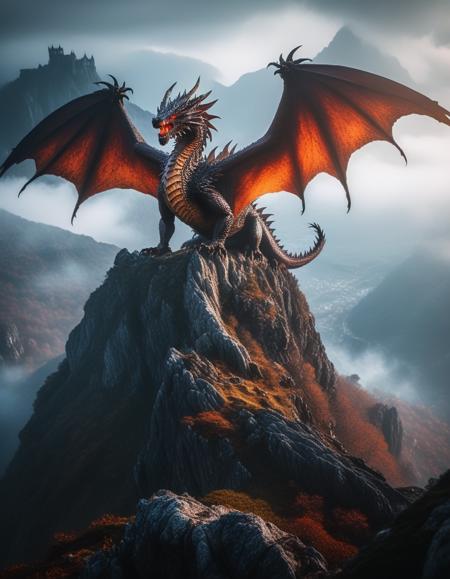 a low-angle view of a majestic dragon perched on a rocky cliff, with fiery eyes and enormous, leathery wings spread wide. The scene is set on a craggy mountain peak, surrounded by rolling mists and distant castle ruins. cinematic style, dynamic colors and dramatic lighting to emphasize the dragon's grandeur and the rugged terrain.