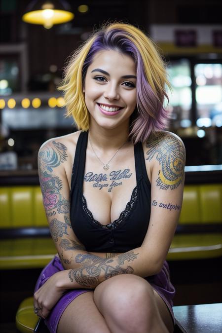 street photography photo of a young woman with yellow+purple hair, smile, happy, cute shirt, cleavage1:5, tattoos on her arms, sitting in a 50s diner, dark, spotlight, silhouette <lora:detail_slider_v4:3> <lora:LowRA:0.6>